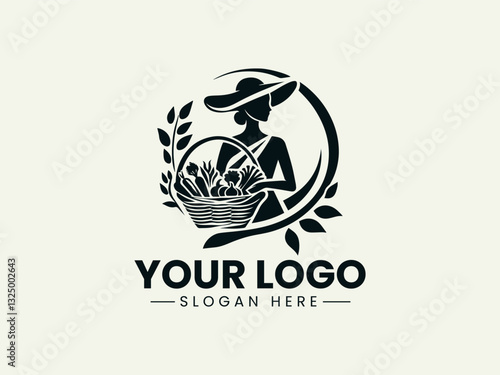 Woman with Vegetable Basket Vector Logo Illustration, Female Farmer Illustration Logo
