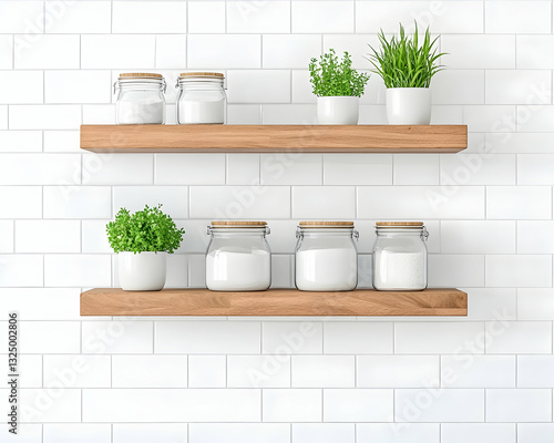 Wooden shelves with jars and plants on a white brick wall