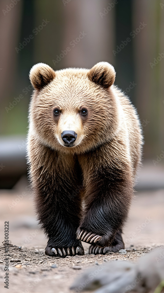Obraz premium Young brown bear strolls through forest
