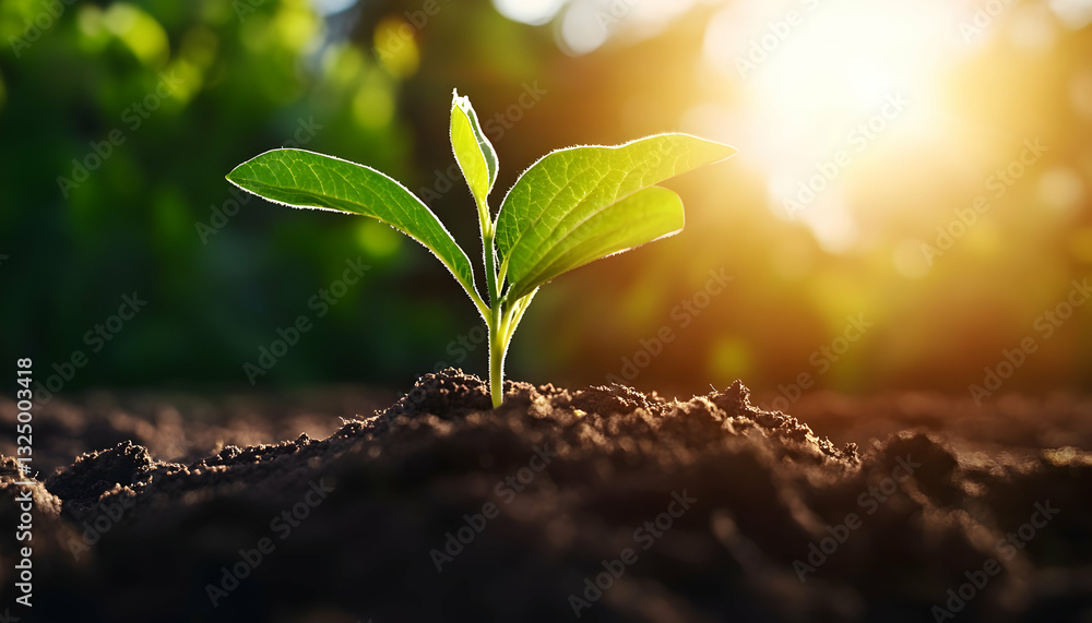 Young sprout emerging from soil, bathed in sunlight Young sprout emerging from soil, bathed in sunlight