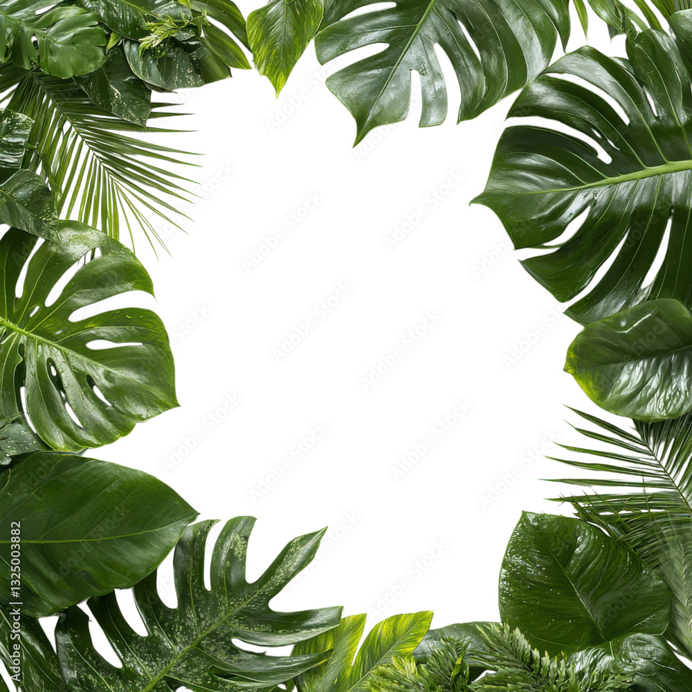 Naklejka premium A lush border of green tropical leaves surrounds a blank black center, creating a vibrant natural frame perfect for text or images.