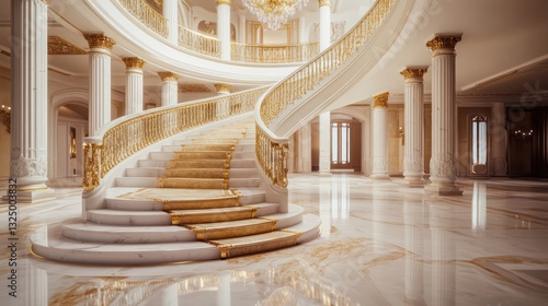 A lavish entrance hall featuring a grand marble staircase adorned with gold accents