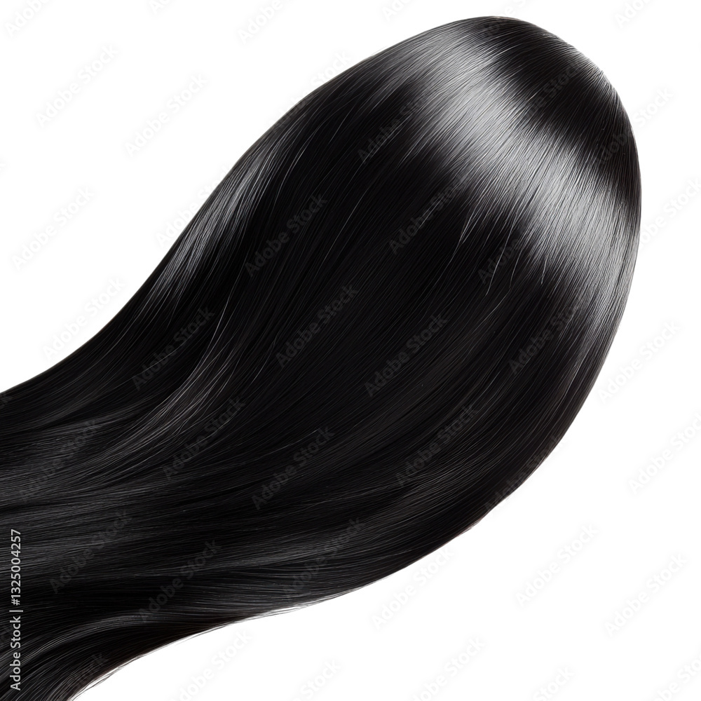 Fototapeta premium A glossy, long black hair elegantly flows against a black background, highlighting its smooth texture and shine.