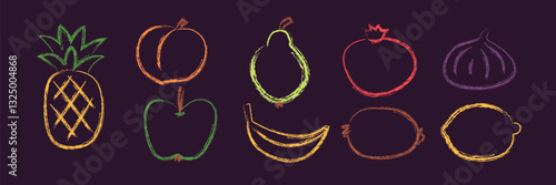 Chalk fruits collection. Set with watermelon, apple, pear, lemon, banana, fig, kiwi. Organic peach and pineapple. Vector illustration isolated on black background