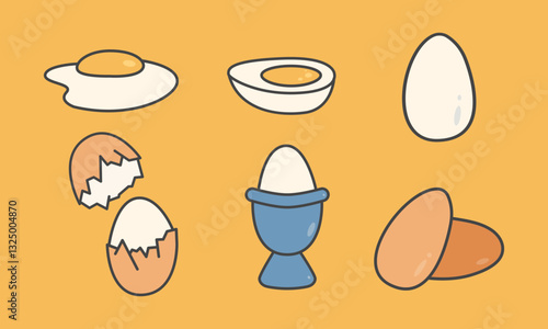 Eggs cartoon icons. Whole and broken, boiled and fried chicken eggs. Breakfast food. Hand drawn illustration. Vector 