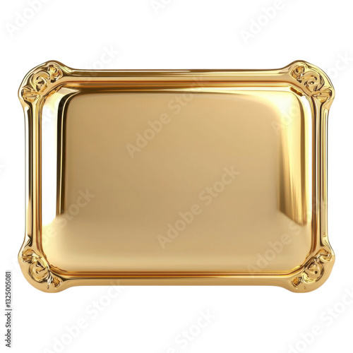 A polished gold tray with ornate corners, reflecting light and showcasing an elegant, luxurious design.