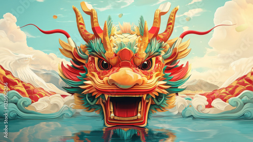 Traditional Chinese dragon boat head, intricate carved wooden details, vibrant red, gold, and green colors. Modern illustration