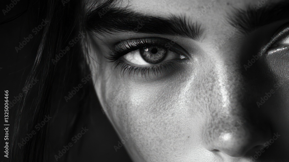 Fototapeta premium Close-up of a person's eye, showcasing detailed features and textures in black and white.