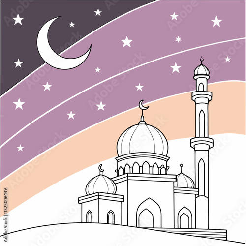 Islamic vector art, a mosque with domes & minarets and a colorful night sky with stars & crescent.