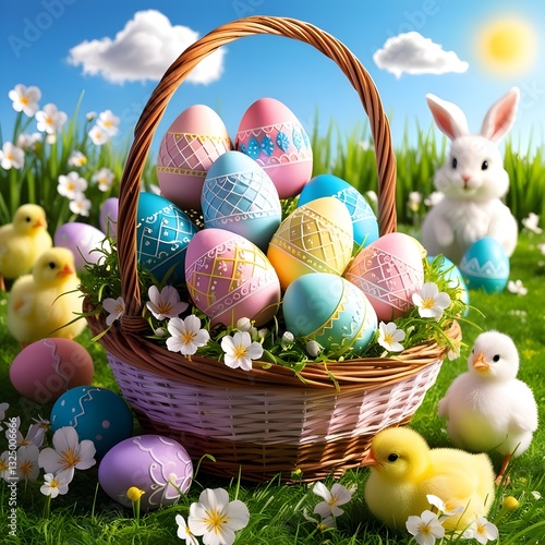 Easter Celebration with Colorful Eggs and Cute Bunny 