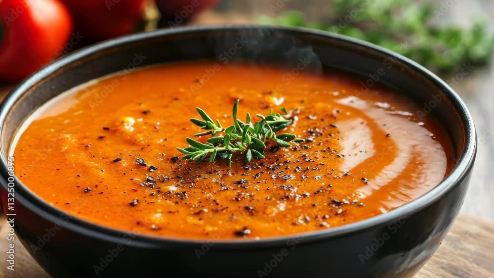 Steaming tomato soup closeup with herb garnish in rustic setting Steaming tomato soup closeup with herb garnish in rustic setting