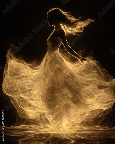 A silhouette of a dancer in mid-air, their body poised in an elegant leap, surrounded by swirling ribbons of light, embodying freedom and expression. 