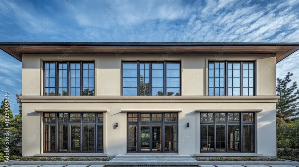 A luxurious two-story modern home with ivory walls and slate gray windows, featuring Japanese architecture and a wooden exterior under a serene steel blue sky A luxurious two-story modern home with ivory walls and slate gray windows, featuring Japanese architecture and a wooden exterior under a serene steel blue sky
