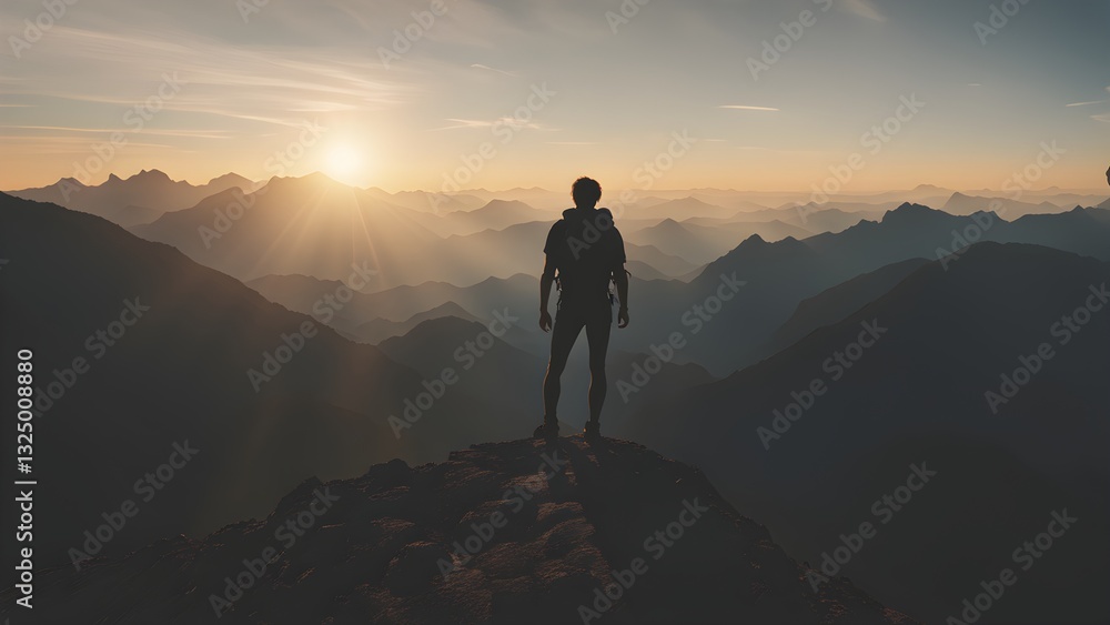 Silhouette a hiker standing a mountain peak sunset, overlooking a vast mountain range. Silhouette a hiker standing a mountain peak sunset, overlooking a vast mountain range.