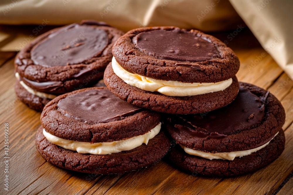 Four rich chocolate cookies filled with creamy filling are artfully stacked on a rustic wooden surface, beautifully illuminated by soft warm light that enhances their texture Four rich chocolate cookies filled with creamy filling are artfully stacked on a rustic wooden surface, beautifully illuminated by soft warm light that enhances their texture