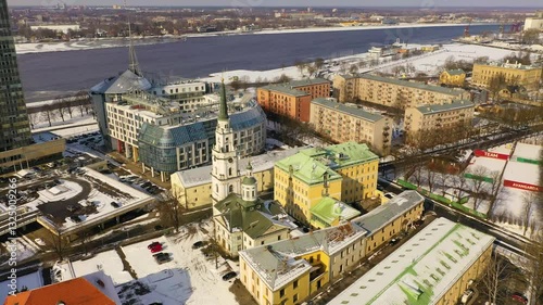 Riga, Latvia, Beautiful panoramic aerial 4K video from flying drone to Old Riga on a beautiful sunny winter day. (series)