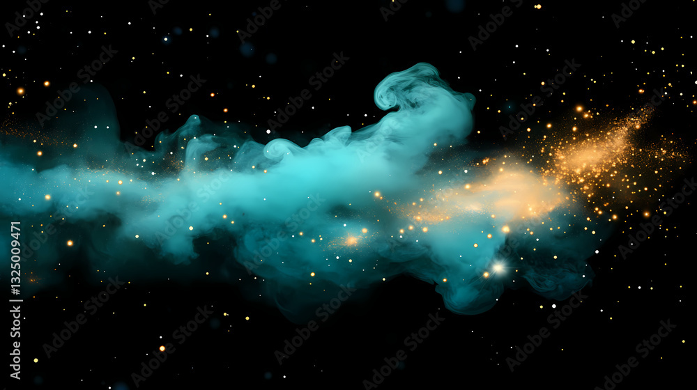 Obraz premium Teal smoke with gold sparks on black background. Nebula Sparks. Illustration
