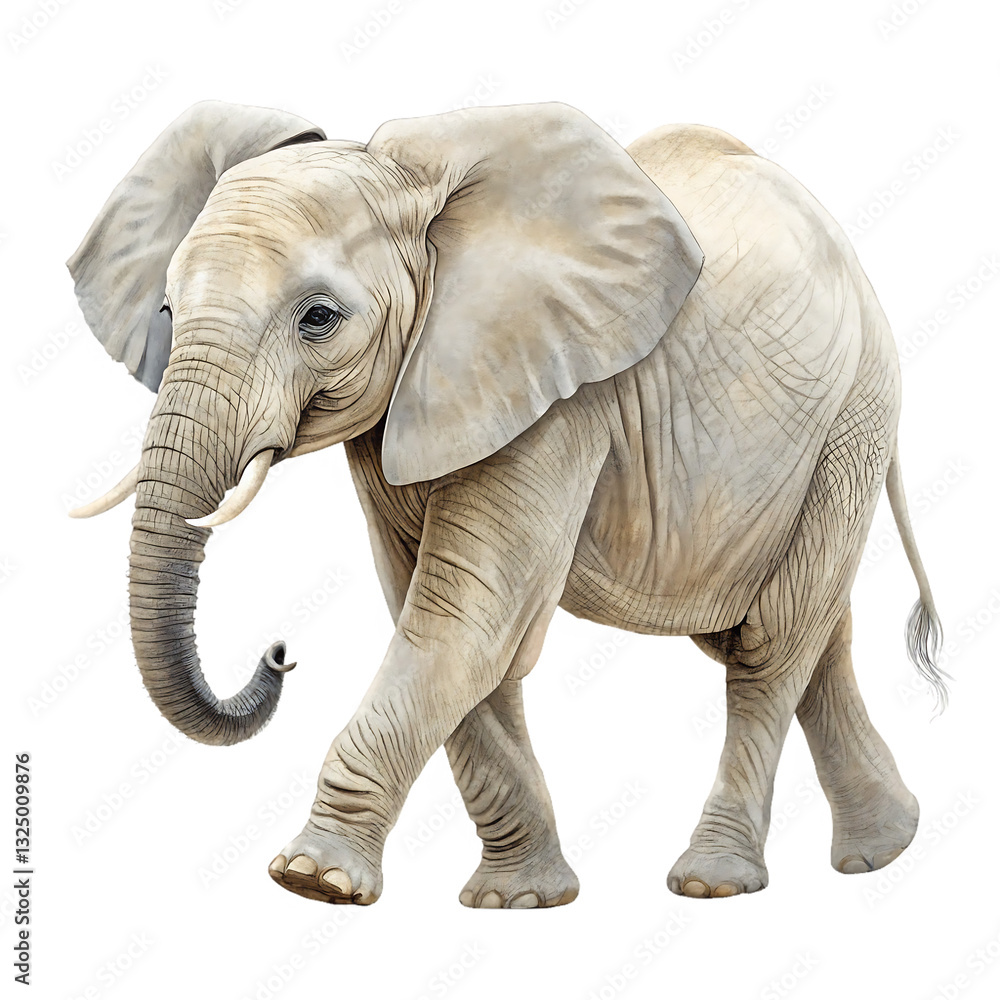 Obraz premium Adorable young African elephant walking gracefully with large ears and curved trunk showcasing wildlife beauty and natural elegance perfect for nature lovers safari enthusiasts and conservationists