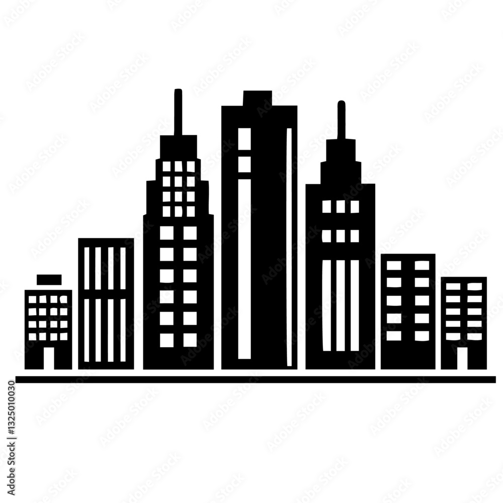 Obraz premium Clean black and white vector silhouette of buildings on white background