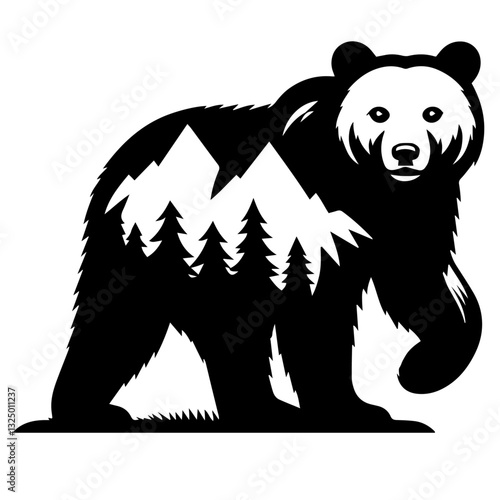 Clean black and white vector silhouette of a bear on white background