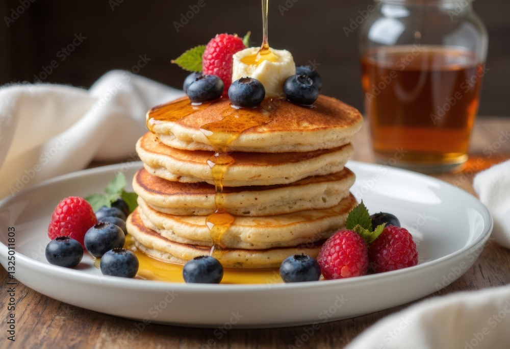 Delicious stack of pancakes topped with fresh berries and maple syrup Delicious stack of pancakes topped with fresh berries and maple syrup