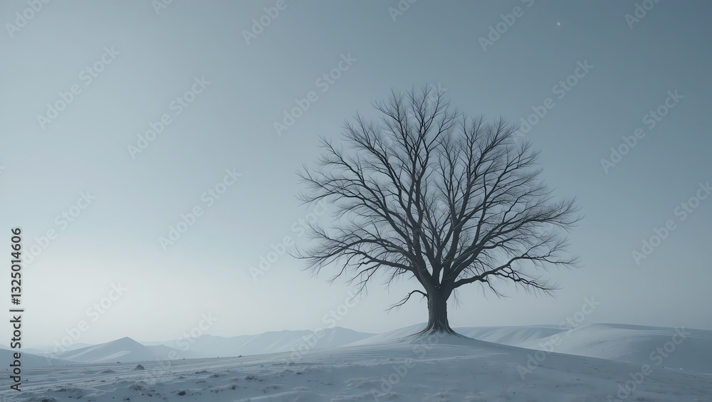A solitary, leafless tree stands majestically in a serene winter landscape, evoking feelings of solitude and beauty. A solitary, leafless tree stands majestically in a serene winter landscape, evoking feelings of solitude and beauty.