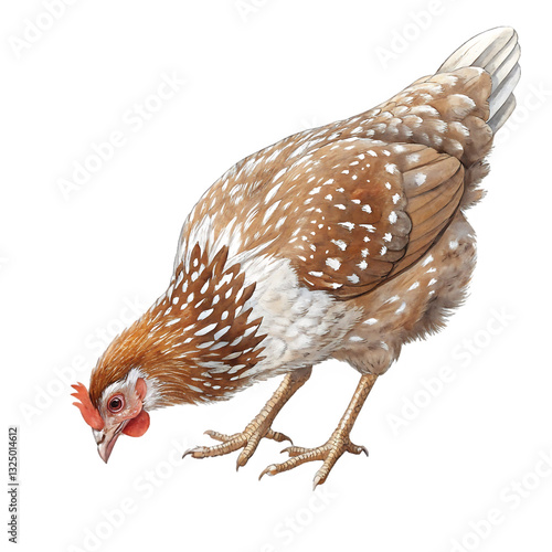 Tableau sur toile Realistic brown speckled hen pecking on the ground isolated on white background