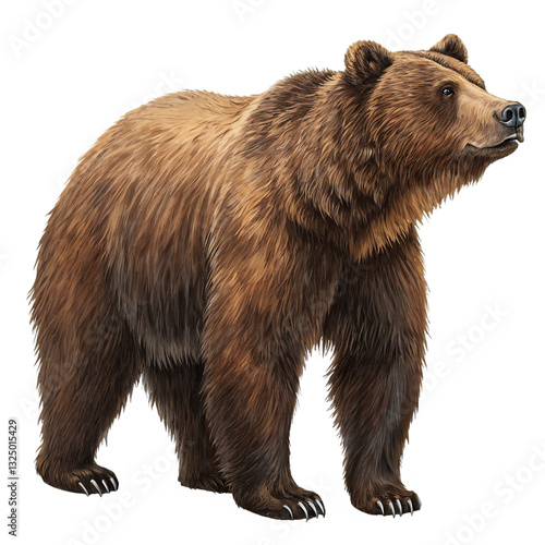 Majestic brown bear standing in profile isolated on white background ideal for wildlife photography nature conservation educational materials and stock imagery showcasing the strength of this wild pre