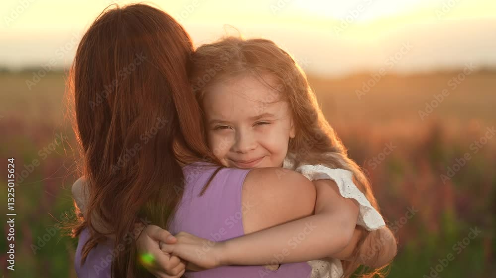 Smiling little daughter hugs mother in country field at sunset. Happy daughter and mother rest enjoying vacation in field meadow at dusk. Mother with daughter in field on tranquil summer weekend Smiling little daughter hugs mother in country field at sunset. Happy daughter and mother rest enjoying vacation in field meadow at dusk. Mother with daughter in field on tranquil summer weekend