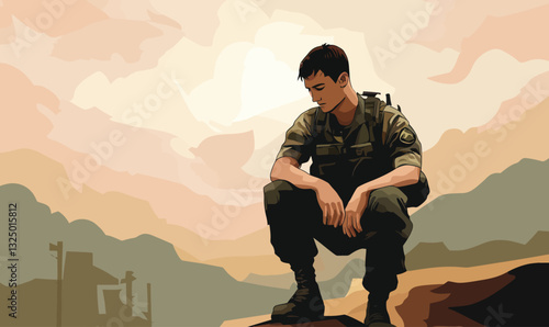 Emotional Return: Soldier Facing Inner Battles in Minimalist Vector Style