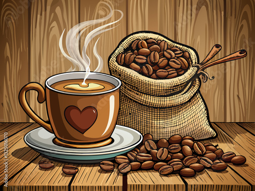 vector of  Cup of coffee with heart shape smoke and coffee beans on burlap sack on old wooden background