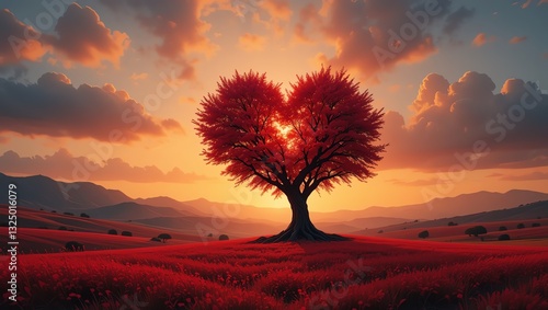 A stunning heart-shaped tree illuminated by a vibrant sunset, surrounded by a sea of red flowers and majestic mountains. photo