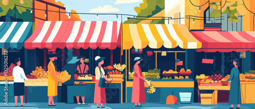 Vibrant Urban Street Market with Colorful Stalls and Shoppers Vector Illustration