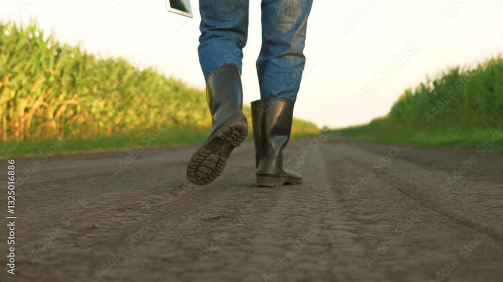 farmer walks along green corn field, man works corn field with digital tablet, agriculture, farmer engineer walks along dirt road with digital tablet his hand, checking crop green field, business work farmer walks along green corn field, man works corn field with digital tablet, agriculture, farmer engineer walks along dirt road with digital tablet his hand, checking crop green field, business work