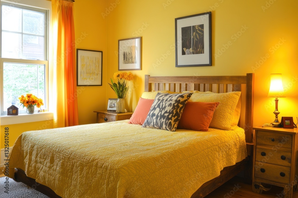 Fototapeta premium Sunny yellow bedroom with wooden bed, orange accents, and natural light.