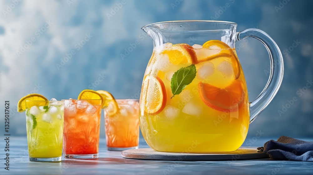 A pitcher of orange juice with ice cubes and a few glasses of juice. The pitcher is on a table with a blue background A pitcher of orange juice with ice cubes and a few glasses of juice. The pitcher is on a table with a blue background