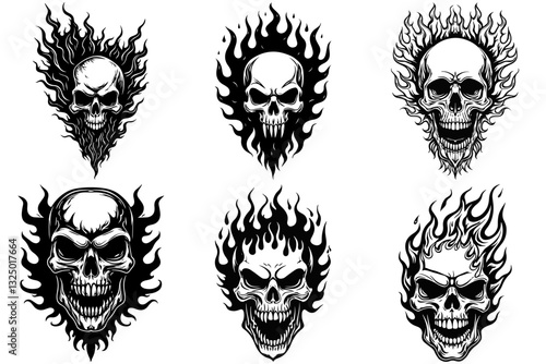 Set of Flaming Skull Svg & PNG Files, Biker Clipart Silhouette Vector Image, For T shirt Design Transparent Background print Laser Engraving