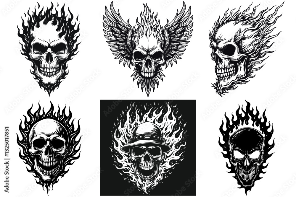 Obraz premium Set of Flaming Skull Svg & PNG Files, Biker Clipart Silhouette Vector Image, For T shirt Design Transparent Background print Laser Engraving