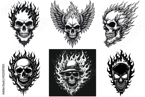 Set of Flaming Skull Svg & PNG Files, Biker Clipart Silhouette Vector Image, For T shirt Design Transparent Background print Laser Engraving
