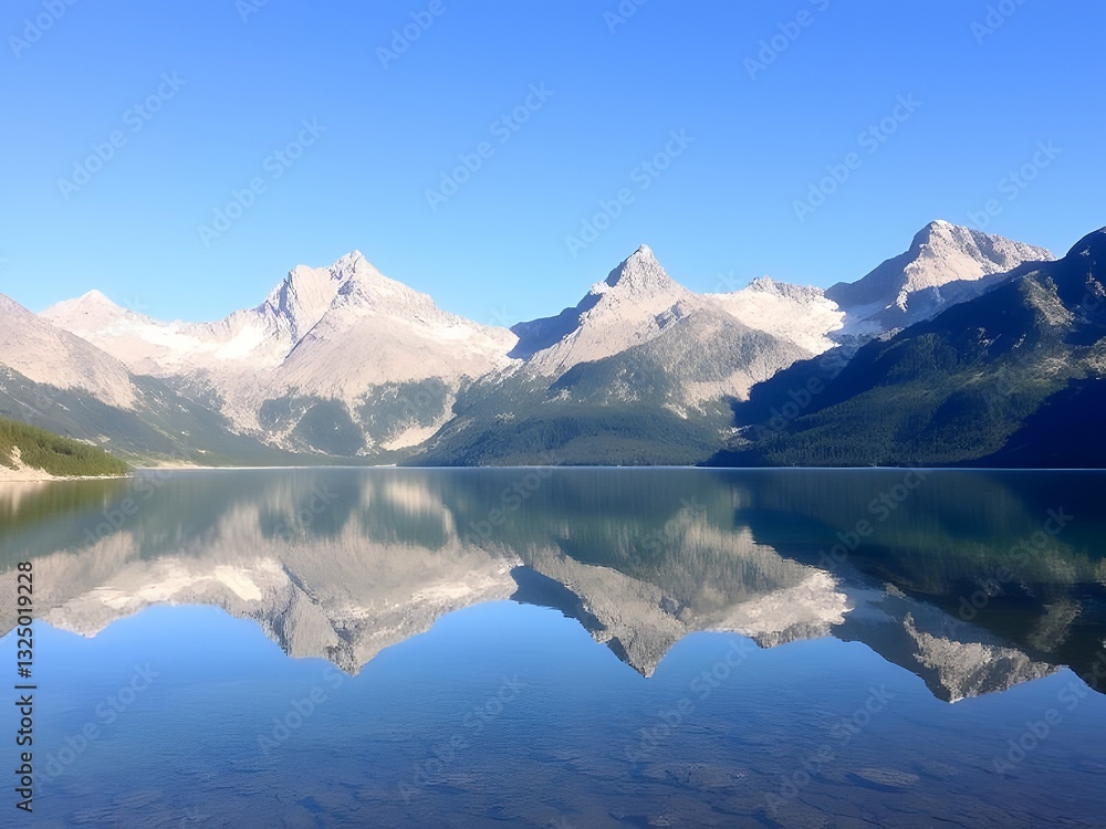 Majestic Mountain Range Reflected in a Still Lake Under a Clear Blue Sky, Nature's Beauty. Majestic Mountain Range Reflected in a Still Lake Under a Clear Blue Sky, Nature's Beauty.