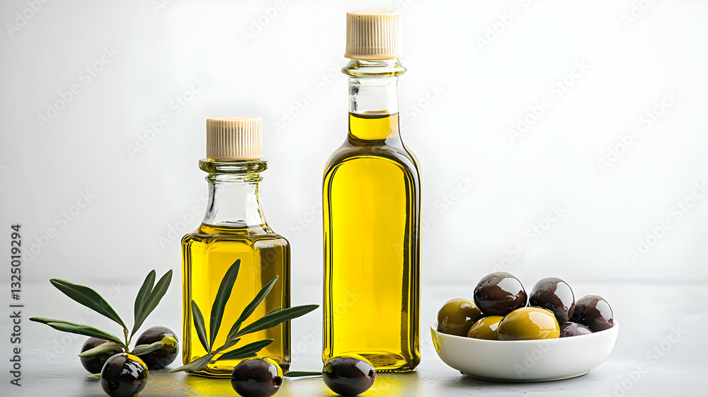 Olive Oil Bottles with Olives and Olive Branch Displayed on a White Surface in Natural Lighting Olive Oil Bottles with Olives and Olive Branch Displayed on a White Surface in Natural Lighting