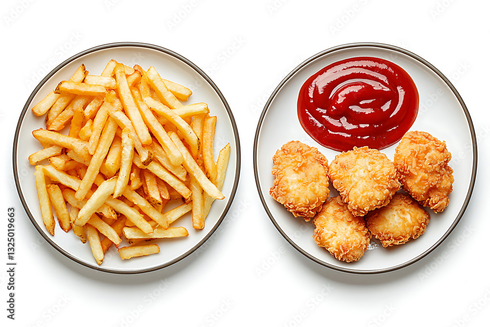 Two plates: one with golden fries the other with nuggets and a swirl of vibrant red ketchup all on white. Two plates: one with golden fries the other with nuggets and a swirl of vibrant red ketchup all on white.