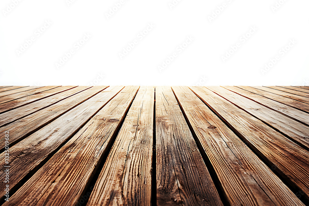 Perspective view of rustic aged wooden planks forming a platform against a plain white backdrop. Perspective view of rustic aged wooden planks forming a platform against a plain white backdrop.