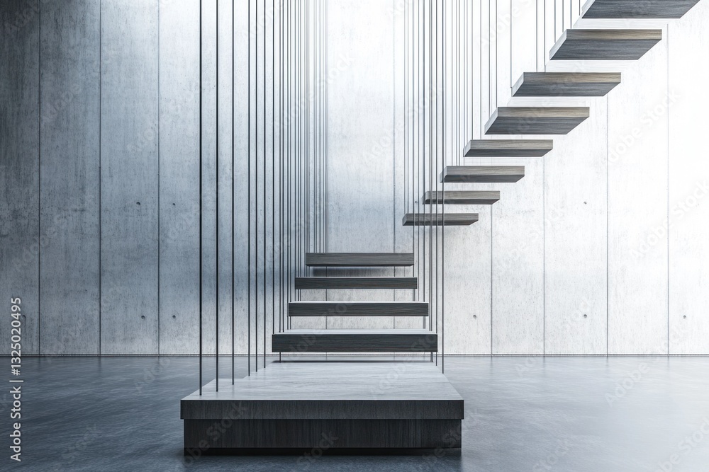 Fototapeta premium Suspended wooden staircase in modern concrete interior.