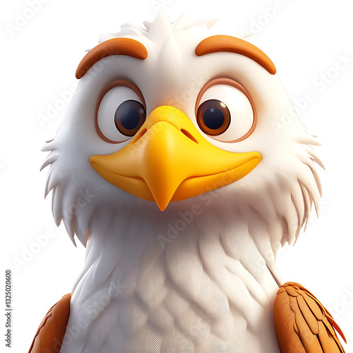 A cute cartoon eagle character with wide, curious eyes and a bright yellow beak smiles against a white background.