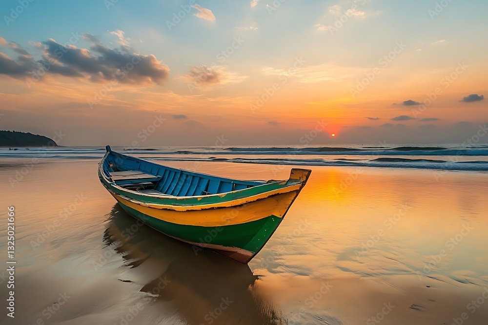 Fototapeta premium as sun drops past rim a vivid chorus of wide ocean and splash of hues builds a lovely sight where quiet ripples glide to tempo of eternal watery lure 