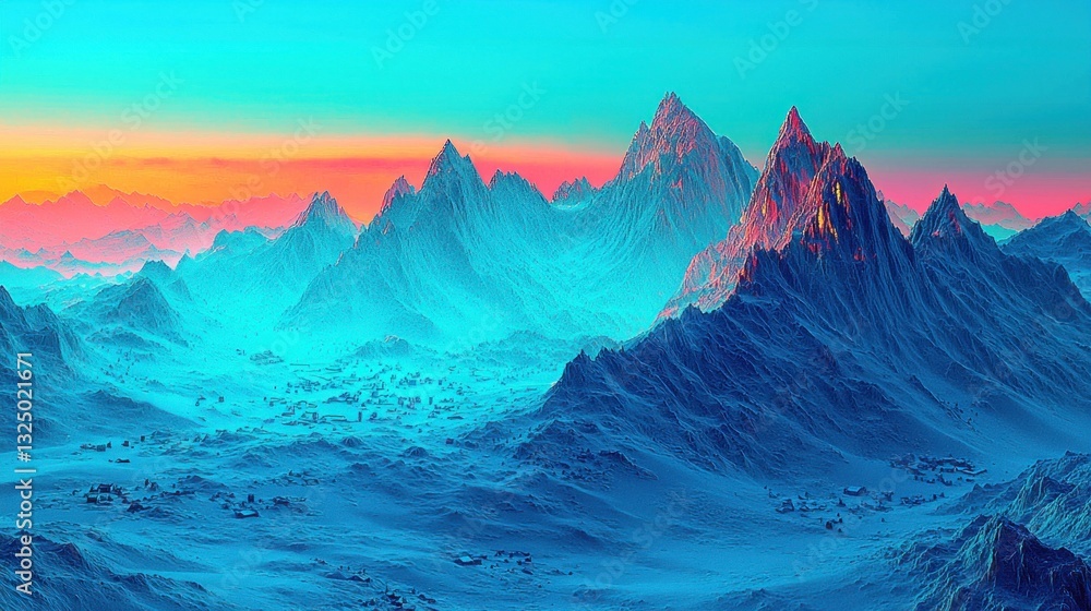 Fototapeta premium Vibrant sunset over a majestic, snow-capped mountain range.