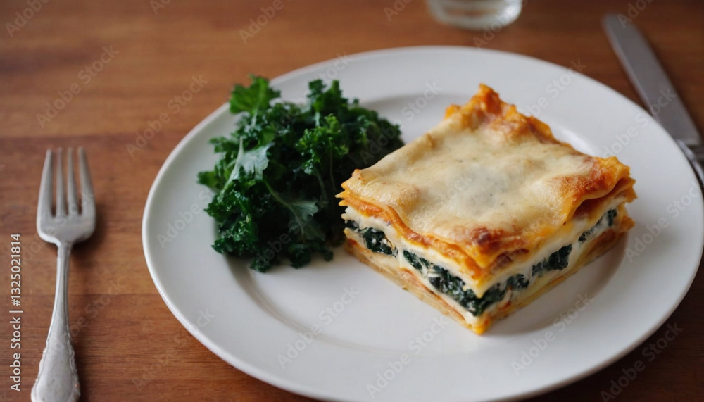 butternut squash lasagna with bechamel sauce and kale on a plate butternut squash lasagna with bechamel sauce and kale on a plate