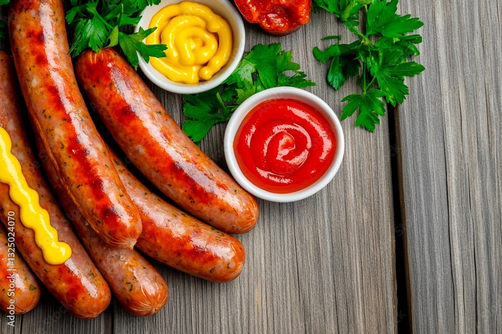 Delicious grilled sausages are arranged on a rustic wooden table, accompanied by bowls of mustard, ketchup, and fresh parsley, making a perfect picnic spread Delicious grilled sausages are arranged on a rustic wooden table, accompanied by bowls of mustard, ketchup, and fresh parsley, making a perfect picnic spread