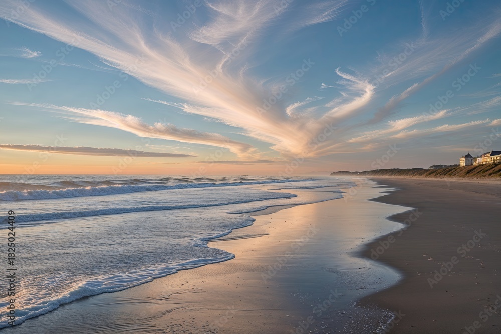 Fototapeta premium Morning Light Over Expansive Beach with Sweeping Skies and Tranquil Surf